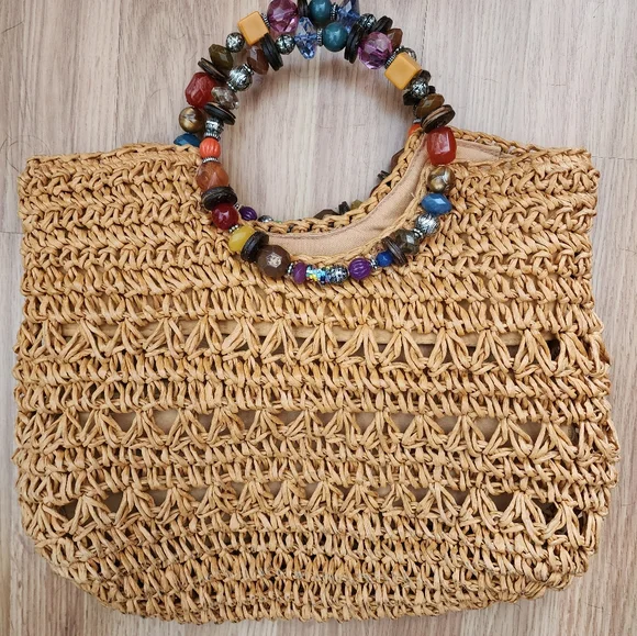 Women's Crochet Cappelli Straw Summer Bag with Beaded Handle - Picture 4 of 9